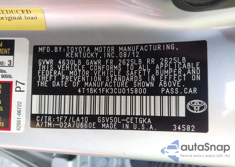 2012 Toyota Camry Xle V6 from USA, damaged, VIN 4T1BK1FK3CU015800